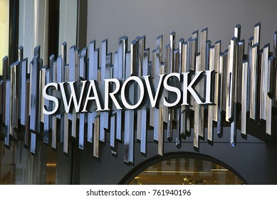 FRANKFURT,GERMANY-NOVEMBER 06,2017: SWAROVSKI fashion store.  Swarovski is an Austrian producer of crystal headquartered in Wattens, Austria.