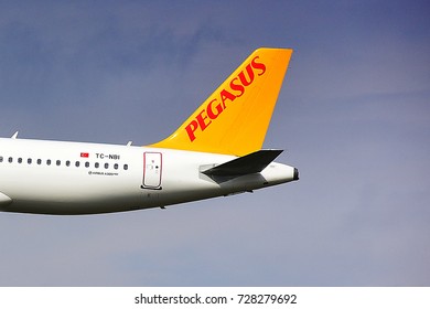FRANKFURT,GERMANY-SEPT 30: PEGASUS AIRLINES Airbus A320 neo lands at Frankfurt airport on September 30,2017 in Frankfurt,Germany.Pegasus Airlines is a Turkish low-cost airline.