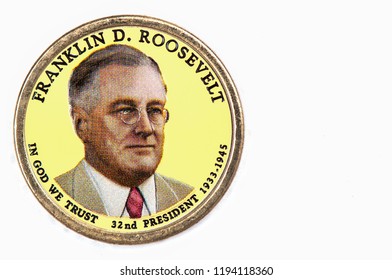 Franklin D.Roosevelt Presidential Dollar, USA coin a portrait image of FRANKLIN D.ROOSEVELT in God We Trust 32th PRESIDENT 1933 -1945 on $1 United Staten of Amekica, Close Up