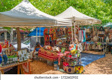 Franschhoek, South Africa, February 02.2020: Art And Craft Market In Franschhoek With Souvenirs Stands On A Sunny Day In Spring