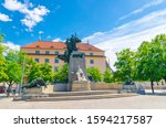 Frantisek Palacky monument on Palace square Palackeho namesti and Ministry of Health building in Prague historical city center, Czech Republic, Bohemia, Europe
