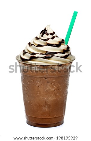 Frappuccino with straw  in plastic takeaway cup isolated on white background