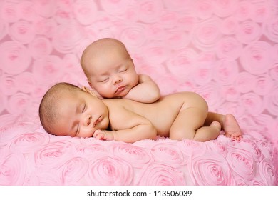 Fraternal Twin Newborn Baby Girls Sleeping On Pink, Three Dimensional Rose Fabric. One Baby Is Lying On Her Stomach And The Other Is Propped On Top Of Her Sister.