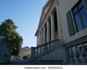 Fratta Polesine, Rovigo, Italy - October 2, 2022: View Of The Pediment, Columns, Balustrade And Facade Of The Palladian Venetian Villa Badoer (La Badoera) In Fratta Polesine