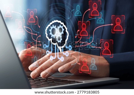 Fraud detection system using machine learning. Analyzing transaction data and identifying suspicious transactions. Businessman using laptop computer.