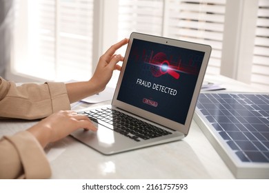 Fraud prevention security system. Woman using laptop at white table, closeup - Shutterstock ID 2161757593