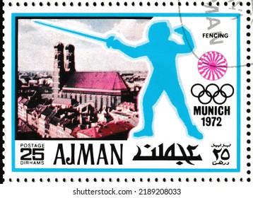 Frauenkirche, Fencing - Ajman, Circa 1971: Summer Olympics 1972 Postage Stamp, Munich.