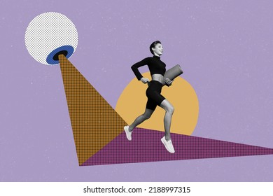 Freak Collage Of Sporty Woman Run Fast Train Pilates Under Hug Eye Leading Isolated Colorful Background