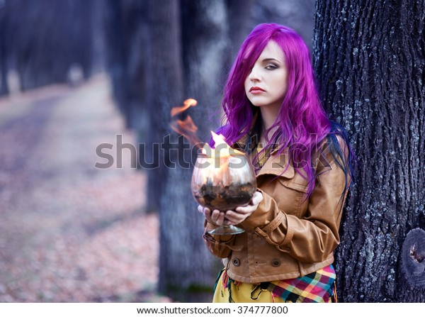 Freak Girl Purple Hair Dark Park Stock Photo Edit Now 374777800