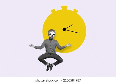 Freak pop artwork style photo collage male character wear sloth mask meditating in front of giant painted clock arrow fingers om gesture - Powered by Shutterstock