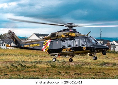 Frederick, Maryland, United States- September 21, 2021: Maryland State Police Aviation Trooper 3 Taking Off From A Field