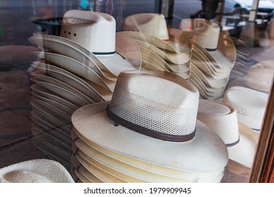 Fredericksburg, Texas, USA. April 13, 2021. Cowboy Hats In A Storefront Window In The Texas Hill Country.