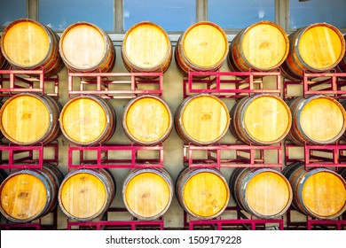 Fredericksburg, Texas, USA-07 September 2019 : Wine Barrel Stacked In Matrix Outside Wine Vaults