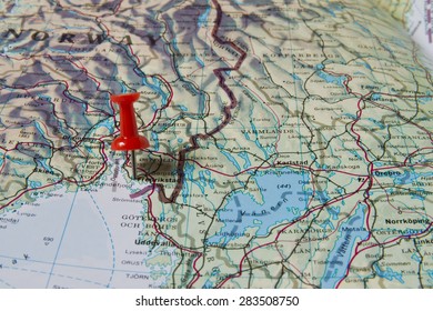 Fredrikstad Marked With Red Pushpin On Map. Selected Focus On Fredrikstad And Bright Red Pushpin. Pushpin Is In An Angle. Southern Parts Of Norway And Sweden Can Be Seen On Map. 