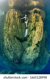 Free Diver In Barracuda Lake, Corom