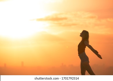 Business Success Celebrating Businesswoman Overlooking City Stock Photo ...