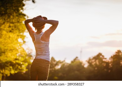 Free Happy Woman Enjoying Nature. Freedom Concept. Enjoyment.