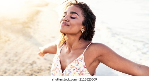 Free Happy Woman With Open Arms Enjoying Nature - Joyful Black Girl Outdoors  Breathing Fresh Air - Enjoyment, Freedom, Happiness And Mental Health Concept