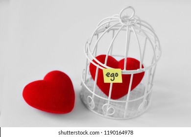 Free heart and heart in a bird cage with the word Ego written on paper note  - Love and freedom concept
