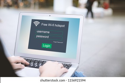 Free Public Wifi Hotspot Concept.Woman Hands Using Laptop Or Computer