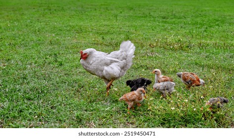 Free range organic agrarian hen teaching her chicks to forage for food in grassy field. Banner sustainable farming, bond between mother hen and chicks. Copy space. - Powered by Shutterstock