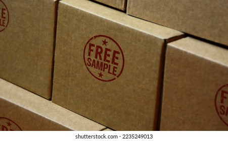 Free sample stamp printed on cardboard box. Gratis shopping retail product promotion concept.