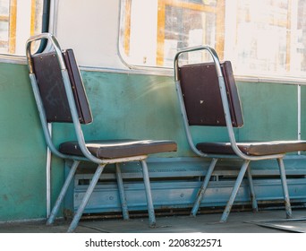 Free Seats On The Bus. Old Brown Leather Bus Seat. Retro Bus Passenger Seats.