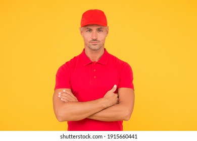 Free services. Express delivery courier service. Parcel post package. Delivery copy space. Cashier shop staff. Black friday. Freight transportation. Perfect delivery. Delivery man yellow background.