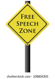 Free Speech Zone Sign In Yellow And Black. Isolated On White.