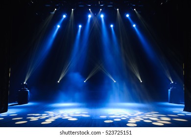 Free stage with lights, lighting devices. - Shutterstock ID 523725151