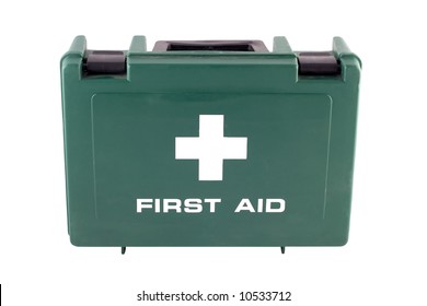 A Free Standing Green Plastic First Aid Box