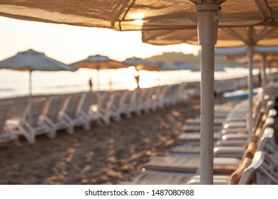 free sun loungers and sunbeds on the beach. bright soft photo - Shutterstock ID 1487080988