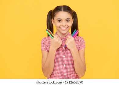 Free Time. Lets Start Homework. Creative Mind. Happy Teen Girl Use Colorful Markers. Kid Hold Markers. Smiling Child Ready To Draw Picture. Office Supplies For School. Stationery For Painting.