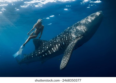 Freediver woman dives with whale shark in blue ocean. Snorkeling girl and shark underwater - Powered by Shutterstock