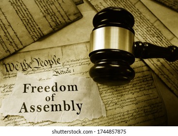 Freedom of Assemby message on US Constitution with court gavel -- First Amendment concept
