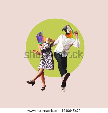 Freedom. Couple of dancers headed with birds heads dancing on bright studio background. Copy space for ad, text. Modern design. Conceptual, contemporary bright artcollage. Party time, fun mood.