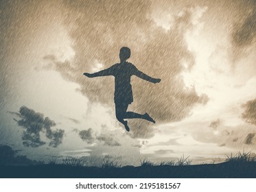 Freedom And Enjoyment Concept - Happy Lady Jumping ,dancing With Rain