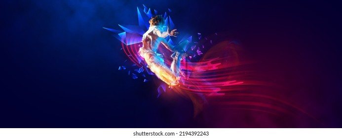 Freedom Fighter. Flyer With Young Stylish Man, Breakdanc Dancer In Motion Over Dark Background With Neon Colorful Elements. Youth Culture, Movement, Street Style And Fashion, Action.