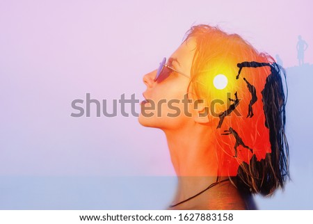Freedom, mental health, life energy concept. Double exposure young beautiful woman head face portrait in sunglasses with group of happy fun people jump off in the sea water from cliff on sunset nature