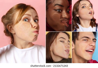 Freedom. Set Of Close-up Faces Of Young Girls And Boys Crushed On Glass Isolated On Colored Background. Concept Of Human Emotions, Diversity. Models Leaning Against Glass