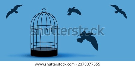 Freedom. Silhouettes of birds flying out of broken cage on light blue background, banner design