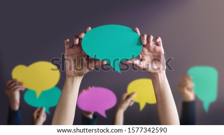 Freedom of Speech Concept. Group of People Protesting or making Campaign with a Blank Speech Bubble. Expression for the Human Rights Foto stock © 