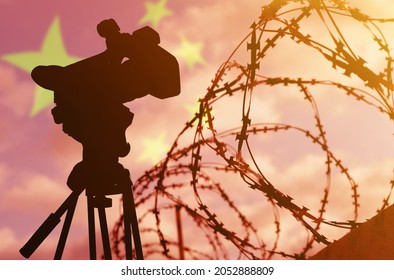 Freedom Of Speech And Democracy Concept. Double Exposure - Camera, Barbed Wire And Flag China