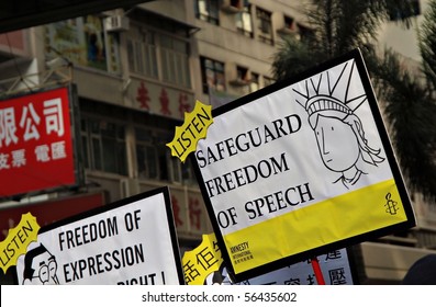 Freedom Of Speech Sign Post - Protest From July 1st Demonstration 2010 In Hong Kong