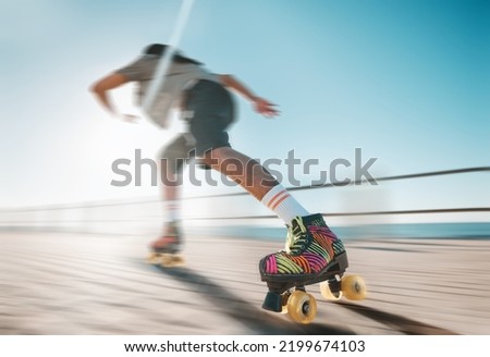 Freedom, speed and fitness, a woman on roller skates in the sun. Summer sports, retro exercise and a girl skating as a workout. Action, motion and sunshine, a professional skater going fast on a path