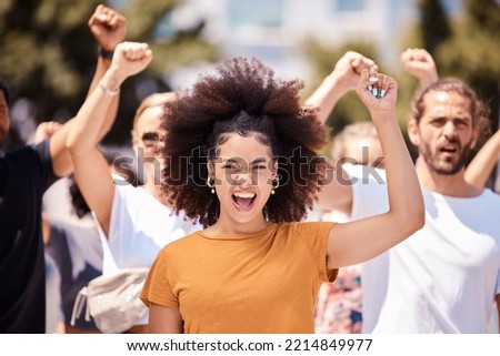 Freedom, support and protest with black woman and fist with crowd in city street for global justice and human rights revolution and equality. Support, future and change with group of people in rally