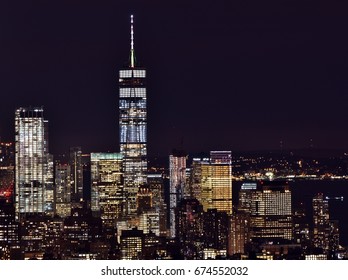 The Freedom Tower, Financial District, And The Skyline Of Downtown Manhattan At Night. 