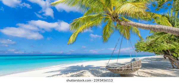 Freedom tropical beach background. Carefree mood summer relax landscape. Fantastic beach swing hammock on palm tree over sand calm sea sunny sky. Amazing vacation holiday. Luxury travel destination - Powered by Shutterstock