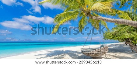 Freedom tropical beach background. Carefree mood summer relax landscape. Fantastic beach swing hammock on palm tree over sand calm sea sunny sky. Amazing vacation holiday. Luxury travel destination