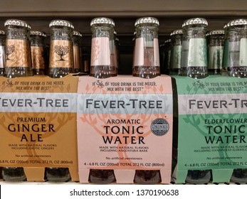 Freehold, New Jersey / USA - April 13 2019: Bottles of Fever-tree brand Ginger Ale and Elderflower Tonic Water